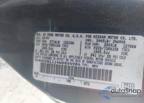 1998 Nissan Quest Gxe/Xe from USA, damaged, VIN 4N2ZN1114WD804984
